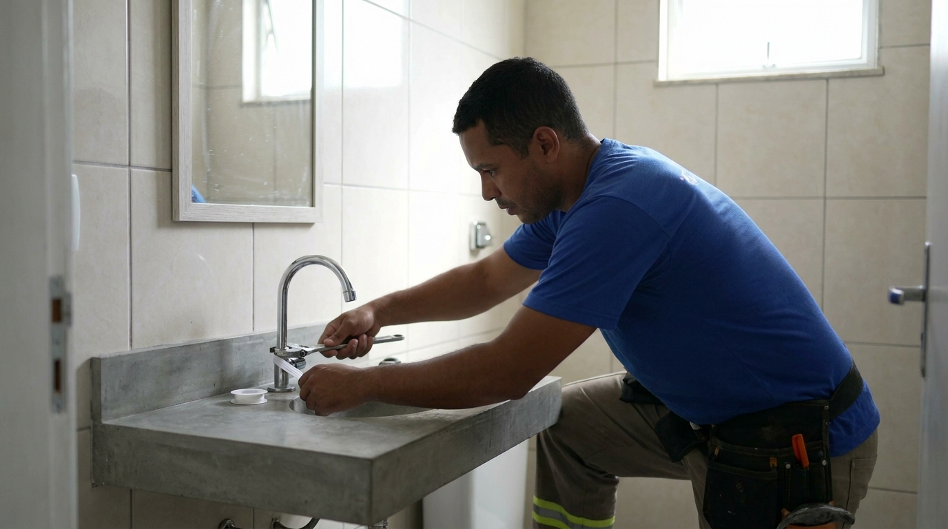 Encanador instalando torneira em Catanduva‑SP